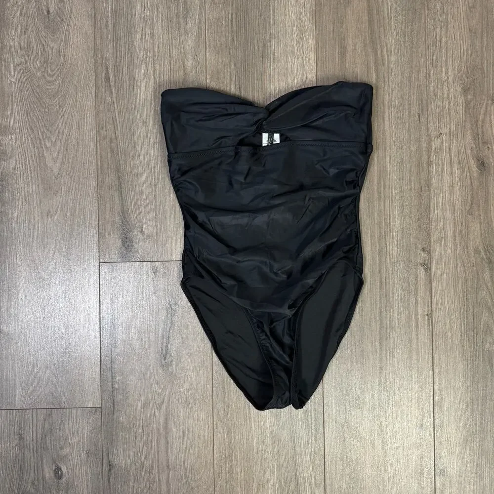 J.Crew Gemma Ruched Bandeau Cut-out One Piece Swimsuit 10 Black Removable Straps